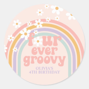 Pastel rainbow four ever groovy 4th birthday classic round sticker