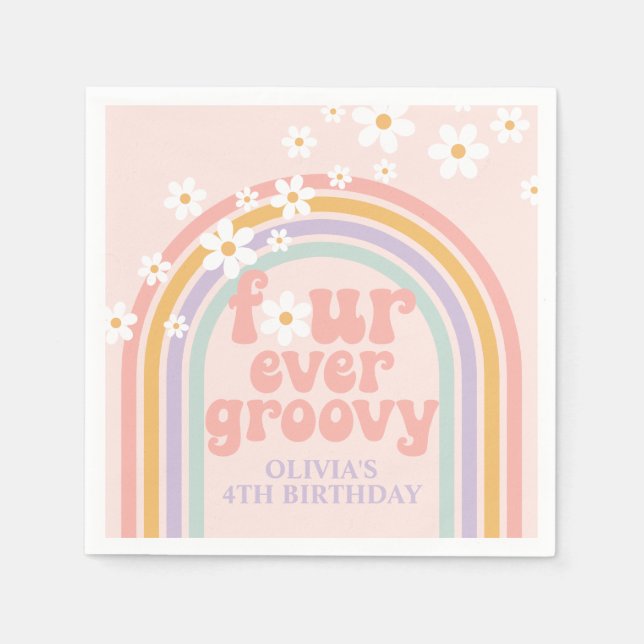 Pastel rainbow Four Ever Groovy 4th birthday Napkin (Front)