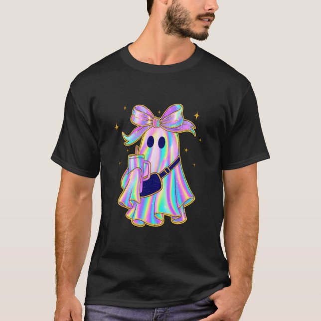 Pastel Rainbow Ghost With Bow Halloween Style T-Shirt (Front)