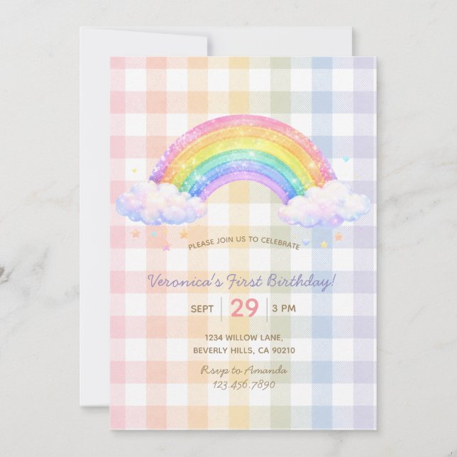 Pastel Rainbow Gingham First Birthday Invitation (Front)