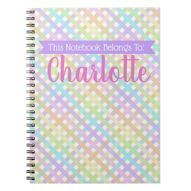 Pastel Rainbow Gingham Plaid Spiral Photo Notebook (Front)