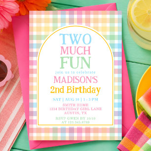 Pastel Rainbow Gingham Two Much Fun 2nd Birthday Invitation