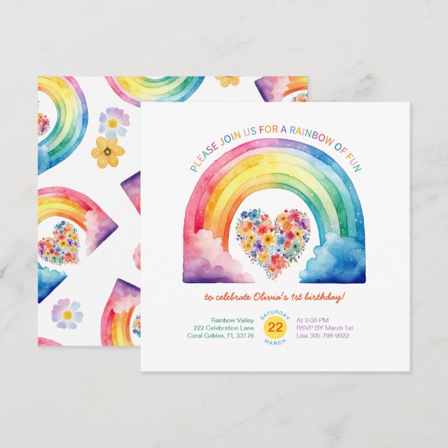 Pastel Rainbow Girl Birthday with Clouds Invitation (Front/Back)