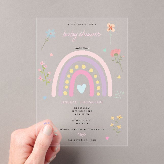 Pastel Rainbow Girl Wildflowers Hearts Baby Shower Acrylic Invitations (Insitu (Handheld))