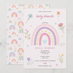 Pastel Rainbow Girl Wildflowers Hearts Baby Shower Invitation