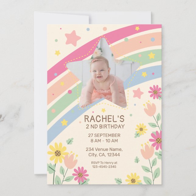 Pastel Rainbow Girl's Photo Cute Birthday Party Invitation (Front)