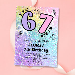 Pastel Rainbow Glitter 6 7 Girl Birthday Party  Invitation