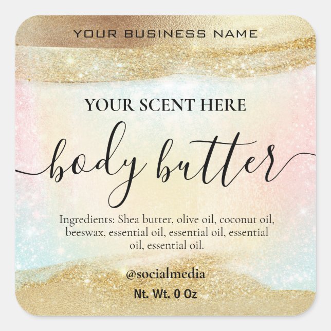 Pastel Rainbow Glitter Gold Body Butter Square Sticker (Front)