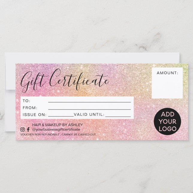 Pastel rainbow glitter pink gift certificate logo (Front)