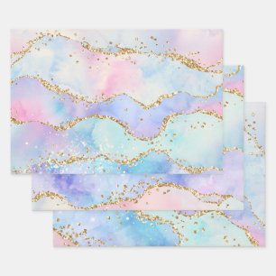Pastel Rainbow & Gold Glitter Agate Wrapping Paper Sheet