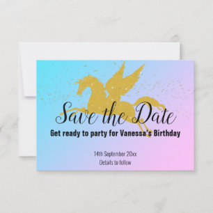 PASTEL RAINBOW GOLD UNICORN SAVE THE DATE RSVP