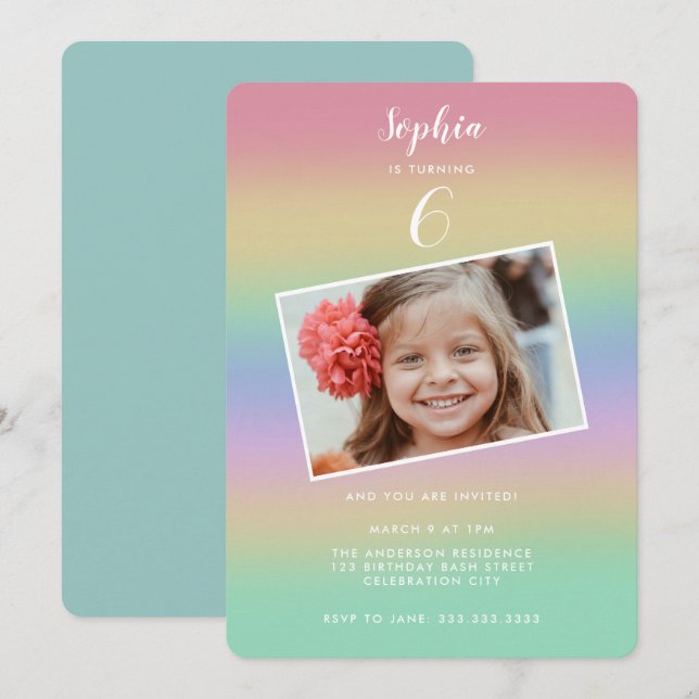 Pastel Rainbow Gradient Colourful Kids Birthday Invitation (Front/Back)