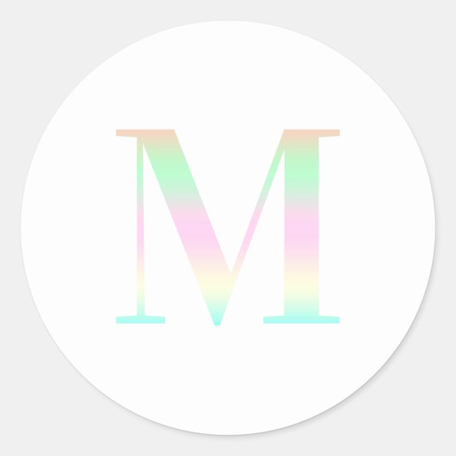 Pastel Rainbow Gradient "M" Serif Monogram Classic Round Sticker (Front)