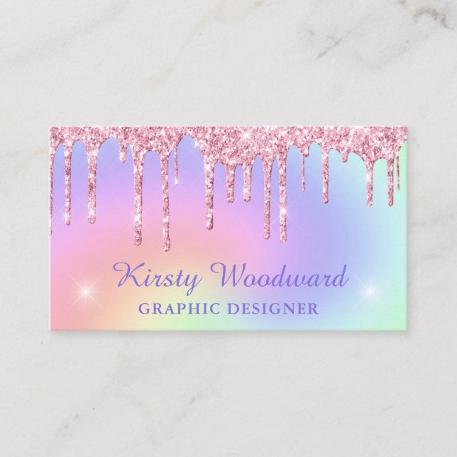 Pastel Rainbow Gradient & Pink Dripping Glitter  Business Card (Front)