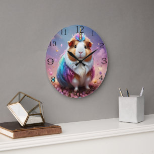 Pastel Rainbow Guinea Pig Unicorn, Large Clock
