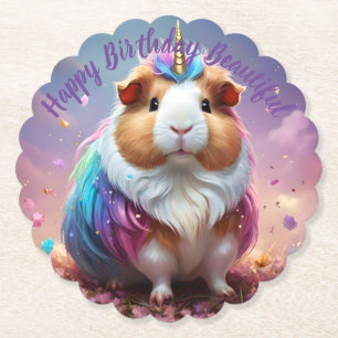 Pastel Rainbow Guinea Pig Unicorn, Paper Coaster