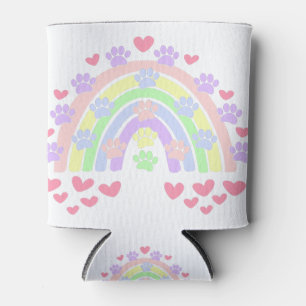 Pastel Rainbow Hearts and Dog Paw Prints Can Cooler