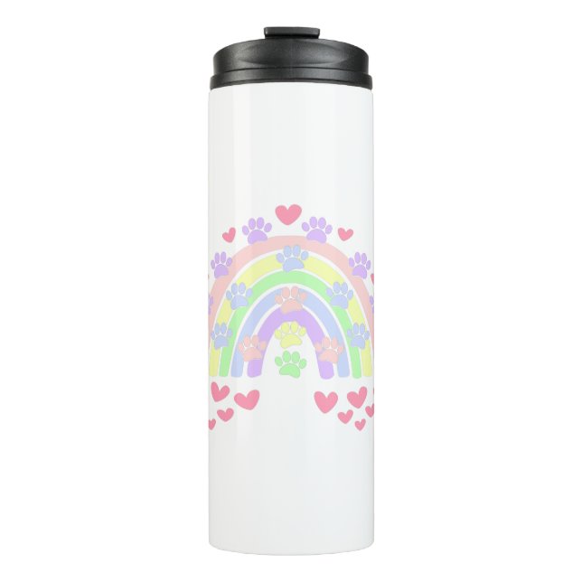 Pastel Rainbow Hearts and Dog Paw Prints Thermal Tumbler (Front)