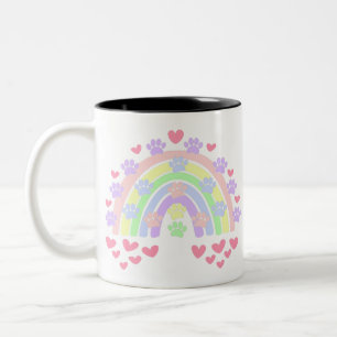 Pastel Rainbow Hearts and Dog Paw Prints Two-Tone Coffee Mug