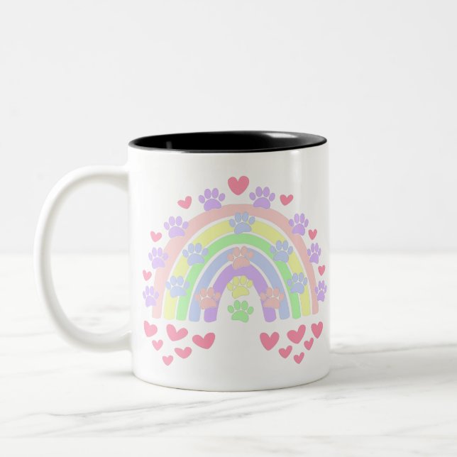 Pastel Rainbow Hearts and Dog Paw Prints Two-Tone Coffee Mug (Left)