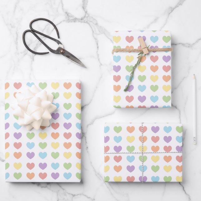 Pastel Rainbow Hearts Pattern Kids Wrapping Paper Sheet (Front)