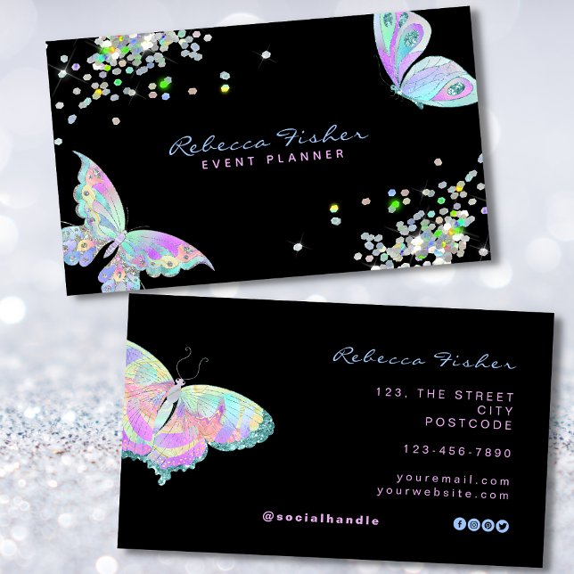 Pastel Rainbow Holographic Iridescent Butterfly  Business Card (rainbow butterfly business cards)