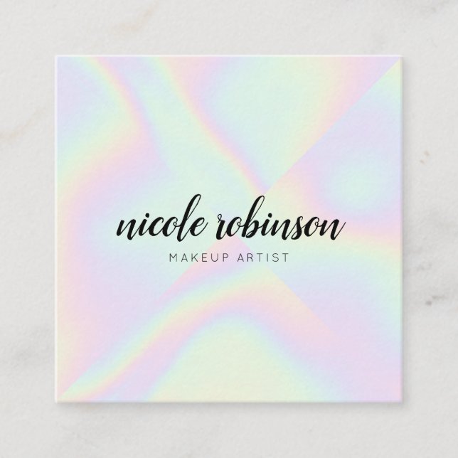 Pastel rainbow holographic modern makeup artist square business card (Front)