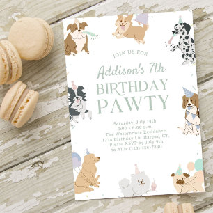 Pastel Rainbow Kids Let's Pawty Puppy Dog Birthday Invitation