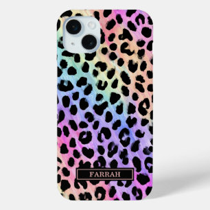 Pastel Rainbow Leopard Print Monogrammed iPhone 15 Mini Case