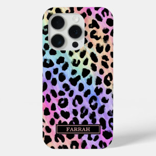 Pastel Rainbow Leopard Print Monogrammed iPhone 15 Pro Case