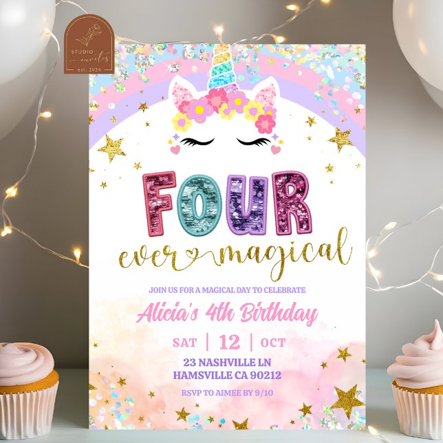 Pastel Rainbow Magical Unicorn 4th Birthday Invitation (Creator Uploaded)