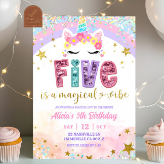Pastel Rainbow Magical Unicorn 5th Birthday Invitation