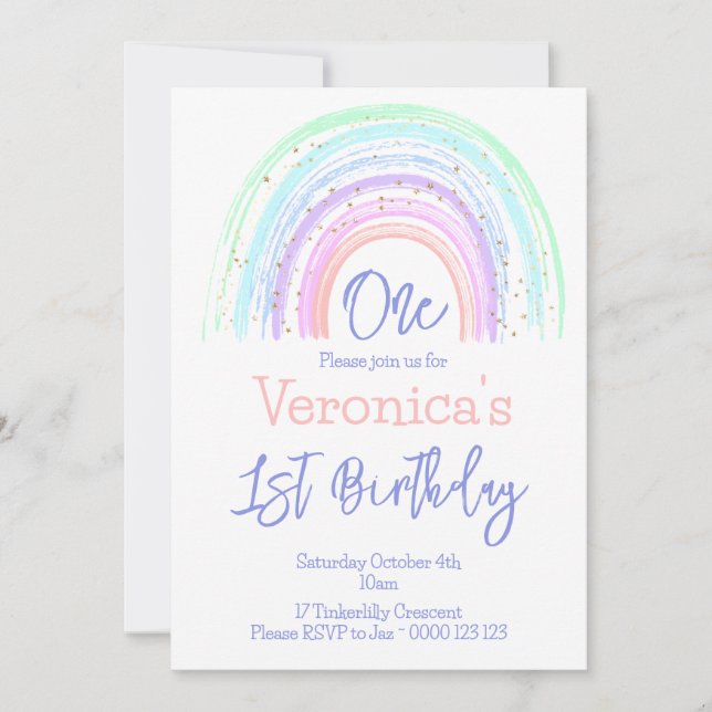 Pastel Rainbow Minimalist Girl 1st Birthday   Invitation (Front)