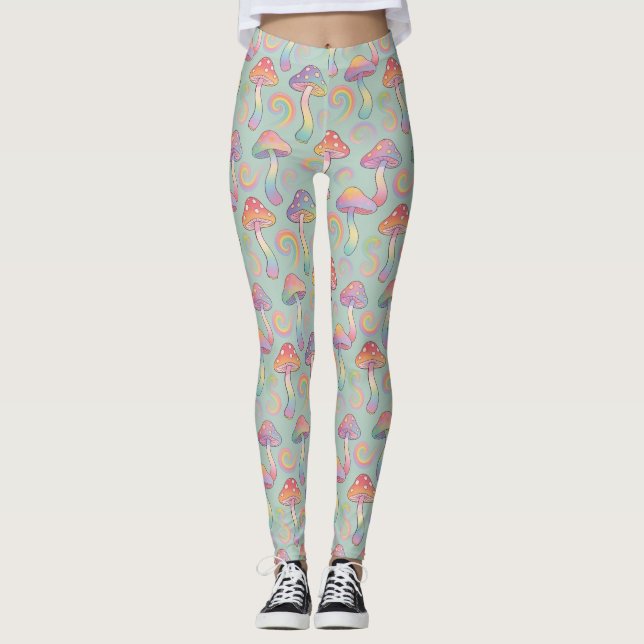 Pastel Rainbow Mushroom Pattern Leggings (Front)