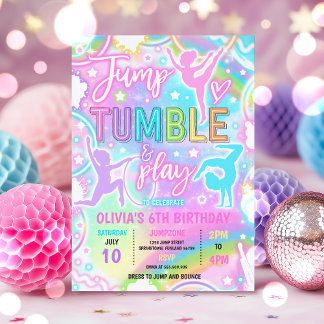 Pastel Rainbow Neon Gymnastics Birthday Party Invitation