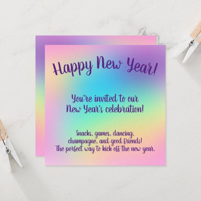 Pastel Rainbow New Year's Party Invitation (Front/Back In Situ)