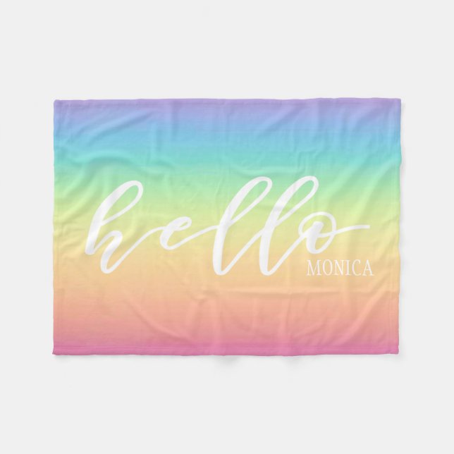 Pastel Rainbow Ombre  Chic Hello Personalised Fleece Blanket (Front (Horizontal))