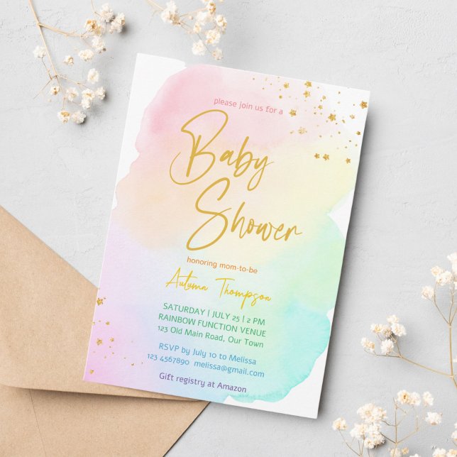 Pastel rainbow ombre gold glitter baby shower invitation (Creator Uploaded)