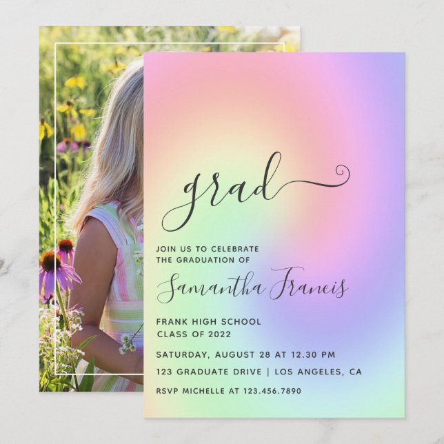 Pastel Rainbow Ombre Graduation Party Photo Invita Invitation (Front/Back)