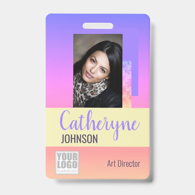 Pastel Rainbow Ombre Logo Barcode ID Template Card Badge (Front)