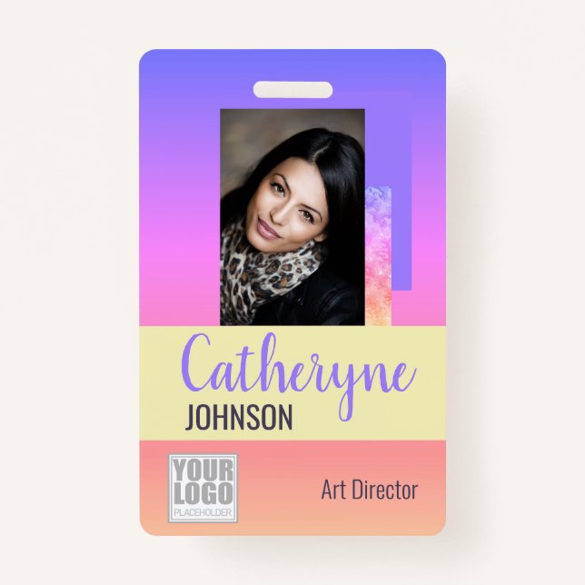 Pastel Rainbow Ombre Logo Barcode ID Template Card ID Badge (Front)