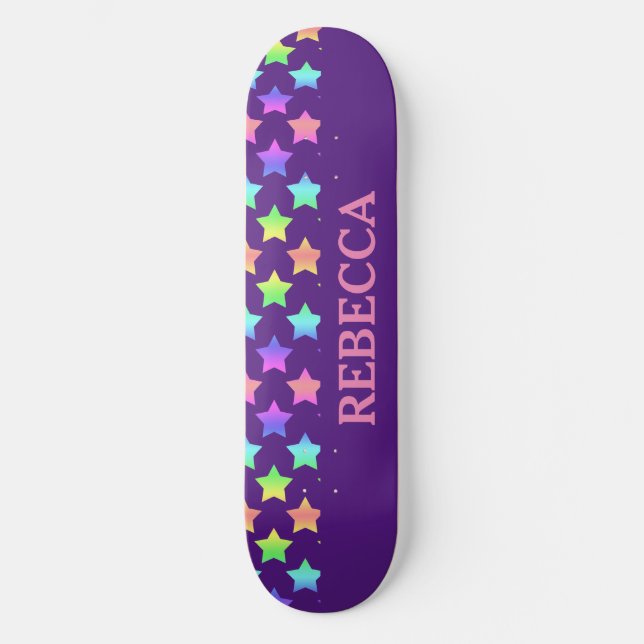 Pastel Rainbow Ombre Stars on Purple Background Skateboard (Front)