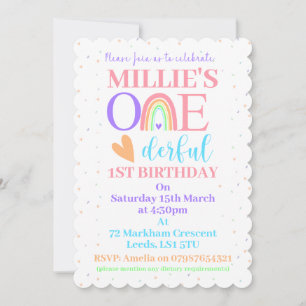 Pastel Rainbow ONEderful 1st Birthday Party Invite