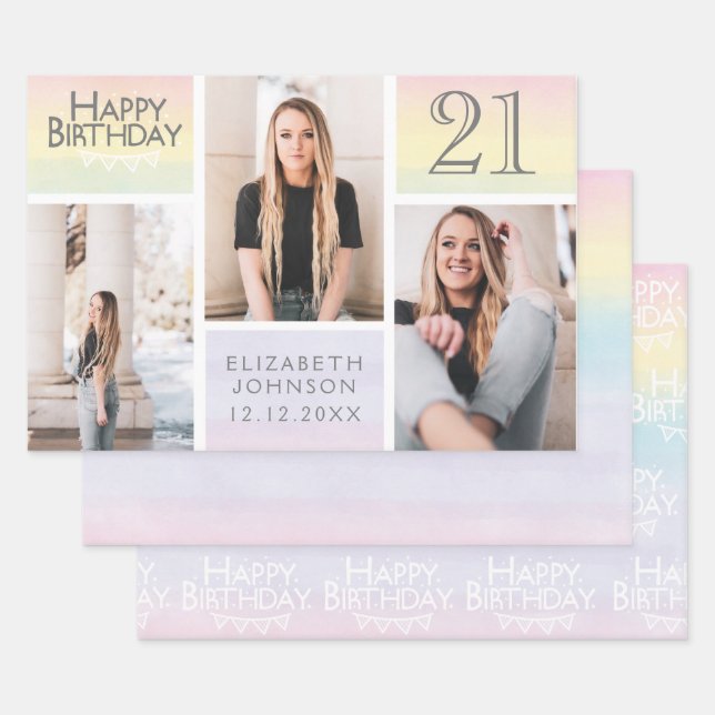 Pastel Rainbow Photo Collage 21st Birthday  Wrapping Paper Sheet (Set)