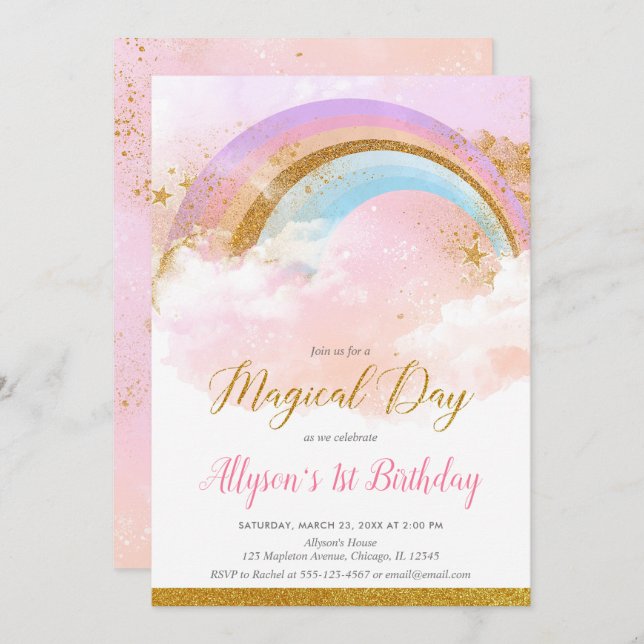 Pastel rainbow pink and gold birthday party invitation (Front/Back)