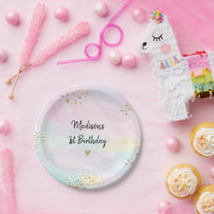 Pastel Rainbow Pink Gold Birthday Paper Plate