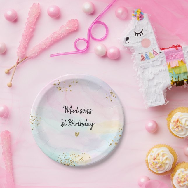 Pastel Rainbow Pink Gold Birthday Paper Plate (Party)