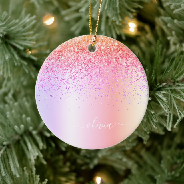 Pastel Rainbow Pink Gold Purple Glitter Monogram Ceramic Tree Decoration (Tree)