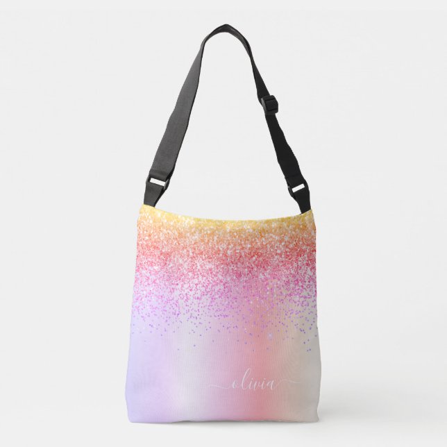 Pastel Rainbow Pink Gold Purple Glitter Monogram Crossbody Bag (Front)