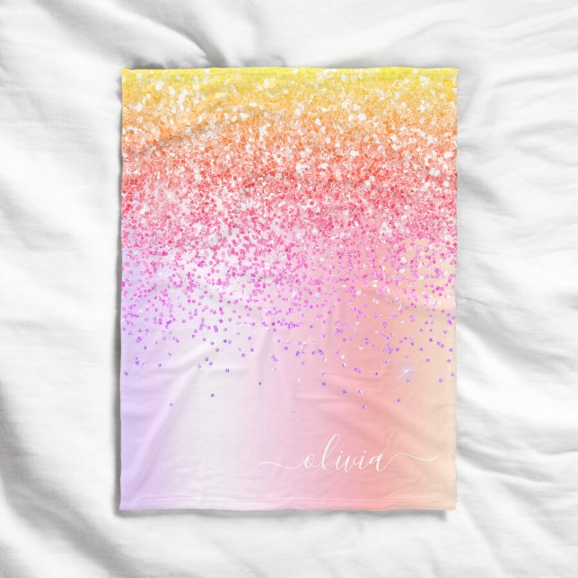 Pastel Rainbow Pink Gold Purple Glitter Monogram Fleece Blanket (Creator Uploaded)